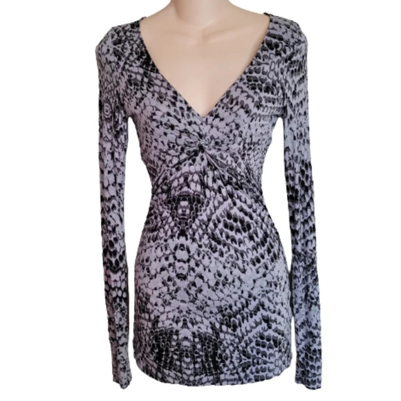 Venus Gray Black Animal Print V-Neck Long Sleeve Tunic Top Size Women's XS - Picture 1 of 9